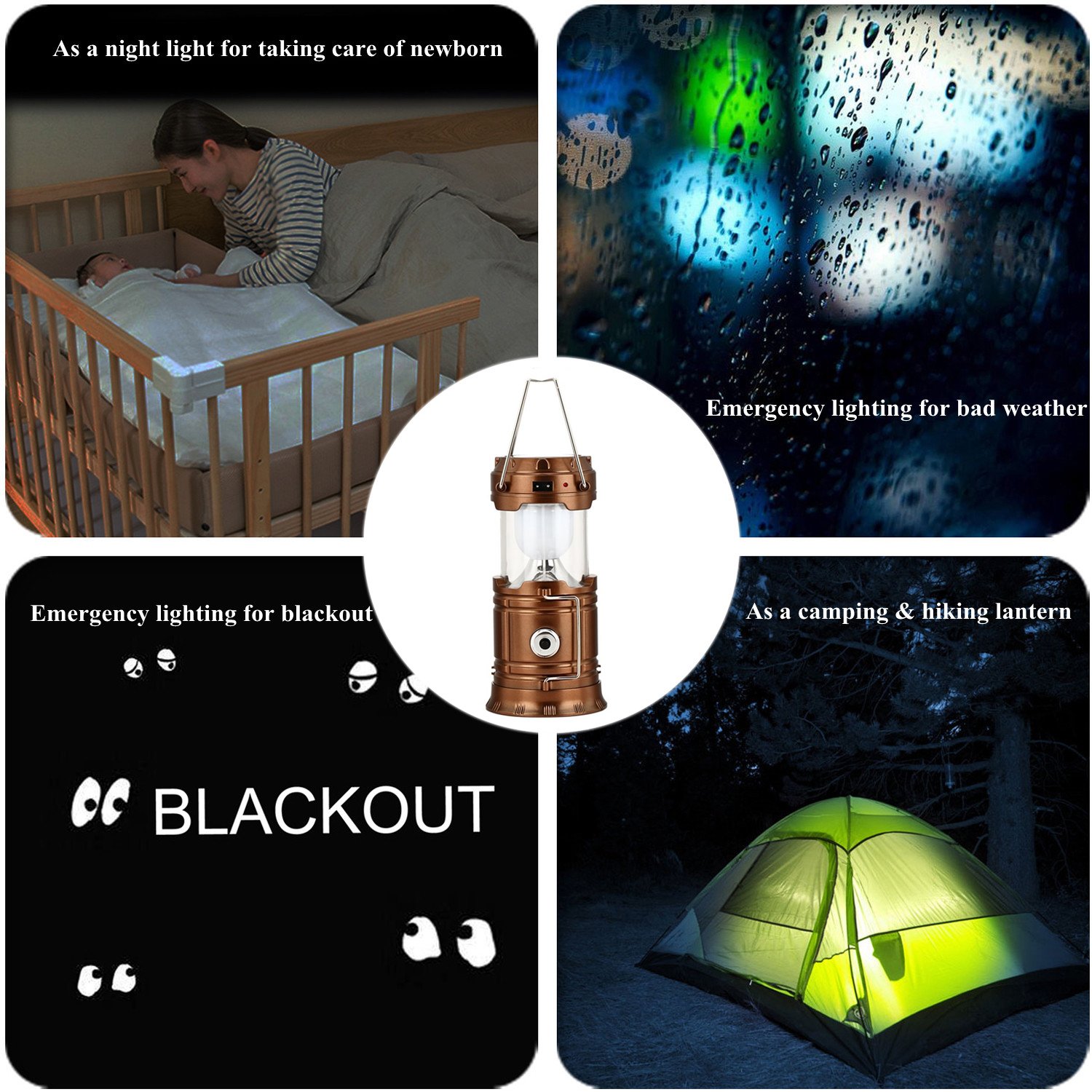 GAXmi Solar Camping Lantern Rechargeable Emergency Light Portable Collapsible LED Flashlight (Bronze)