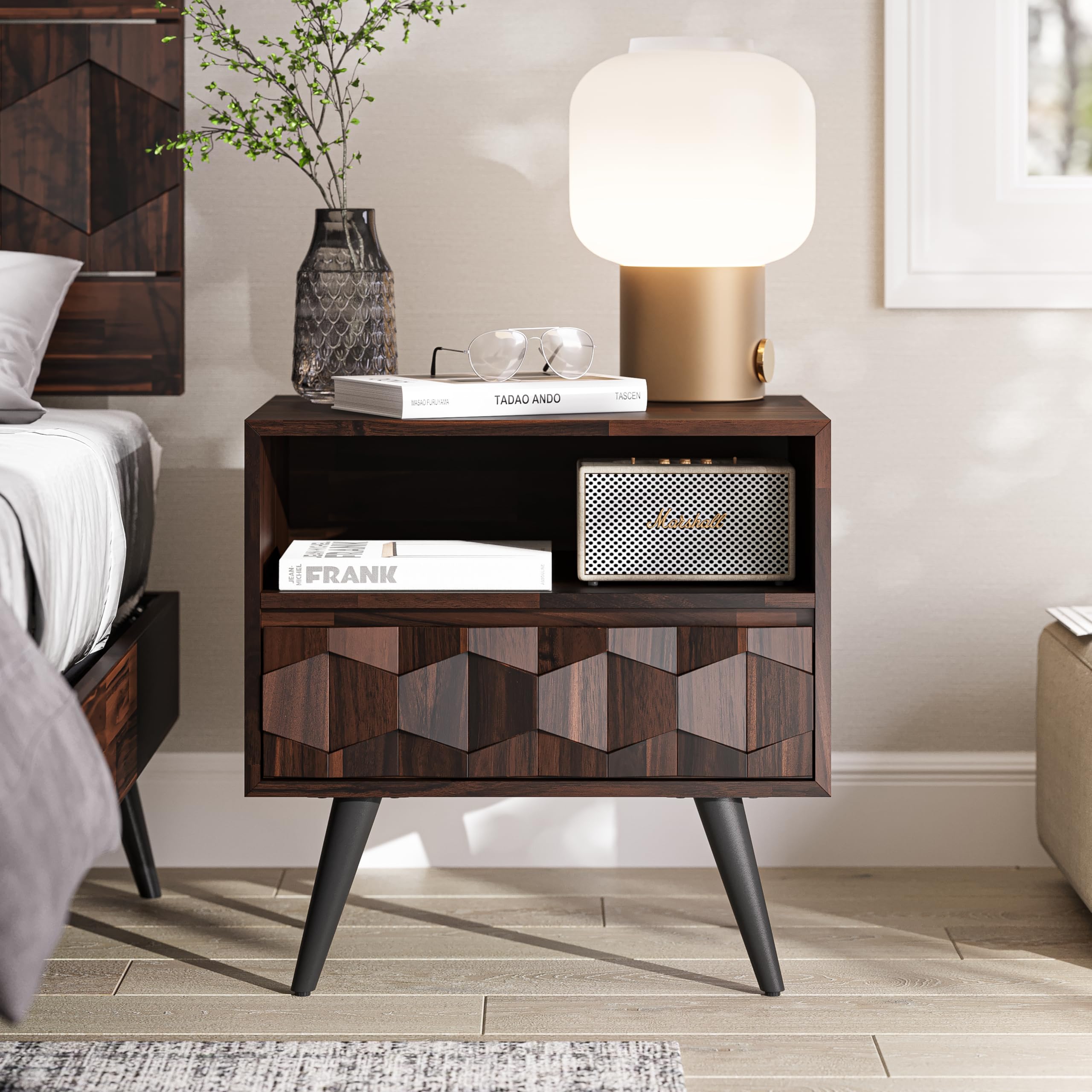 Photo 1 of Bme Georgina Solid Wood Nightstand With 1 Drawer & Open Shelf- Fully Assembled Mid Century Modern Side Table - Geometric Pattern Bedside Dresser for Bedroom and Living Room