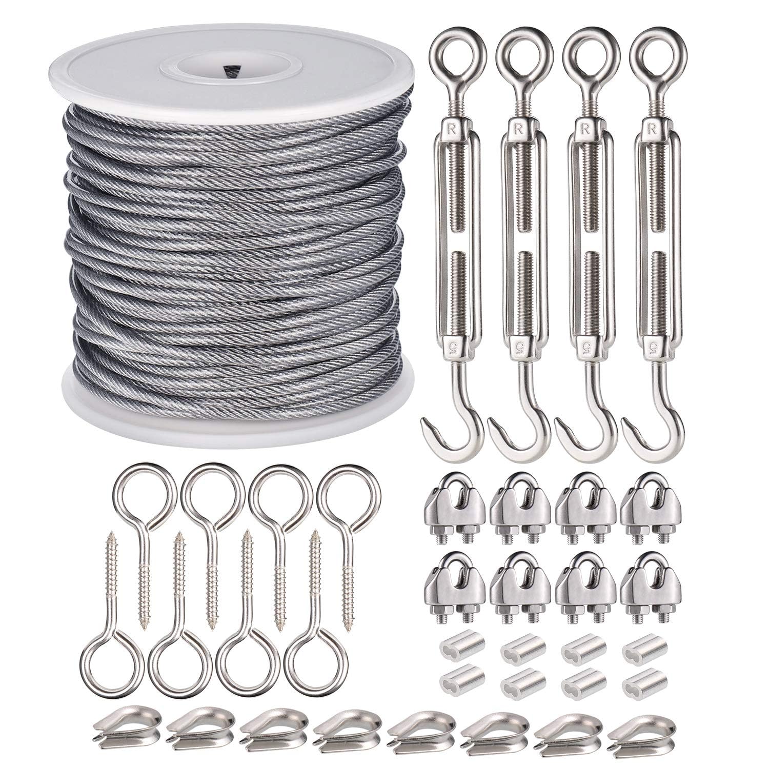 JIZZU 37PCS Garden Wire for Climbing Plants, 30M 304 Stainless Steel Wires with Vine Eyes, 2mm Garden Wire Heavy Duty with Turnbuckle Wires Tensioner, Wire Rope Kit for Outdoor Hanging, Fence