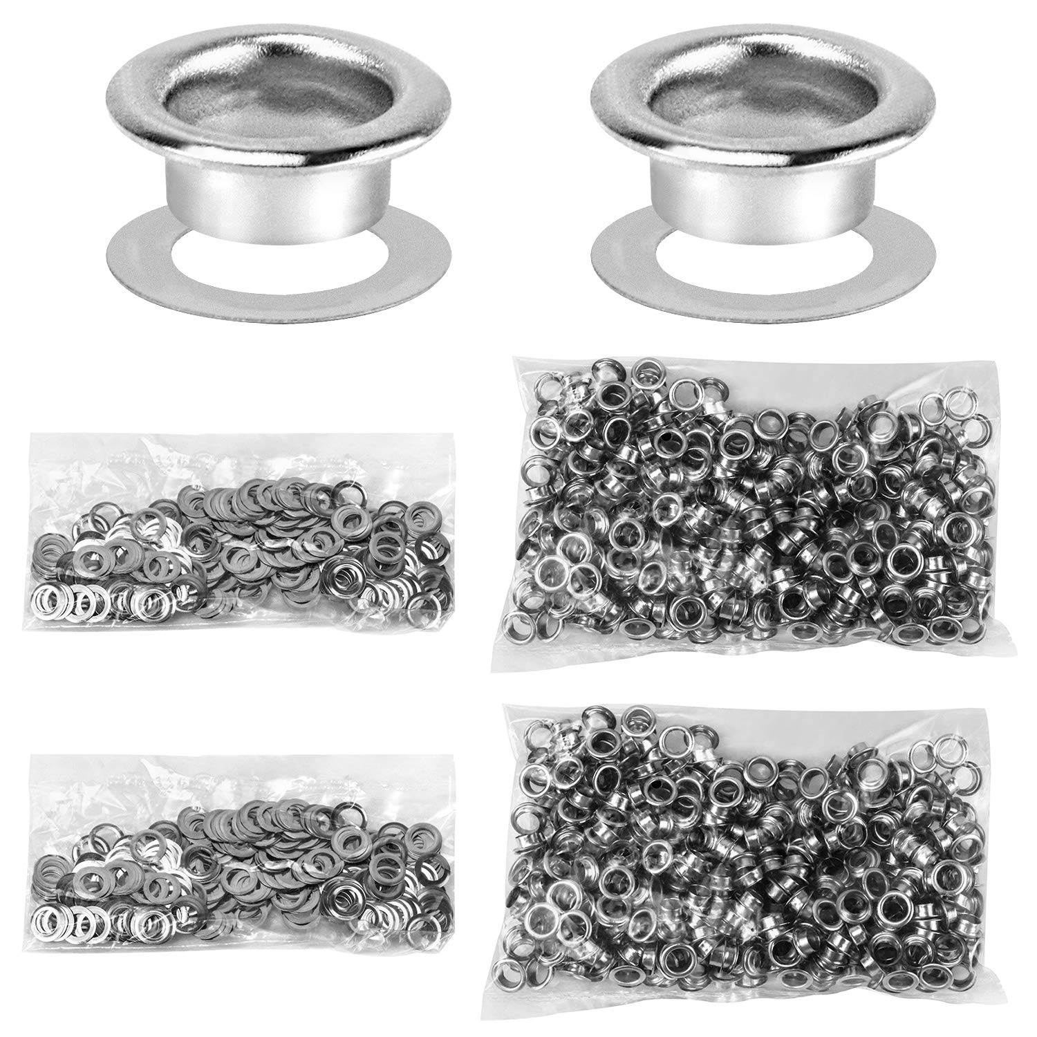 QWORK® Grommets Eyelets Kit, 1000 Pieces Grommet and 1000 Pieces Washer, 1/4 Inch (6mm), for Shoes Leather Tag Canvas and Belt Craft Making, Silver
