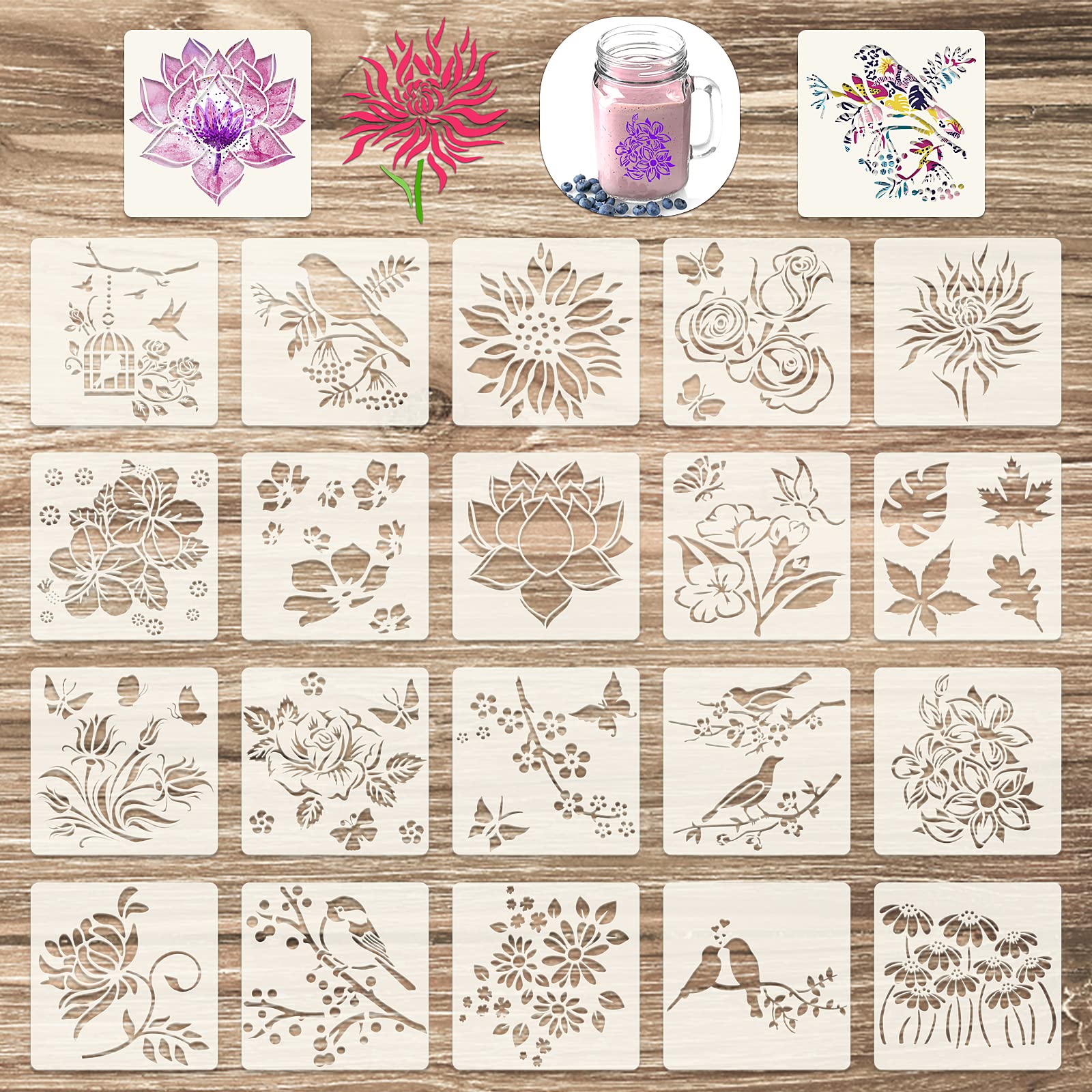 20 Piece Flower Stencils - Bird & Floral Designs for Painting on Wood, Reusable Spring/Summer Flowers Stencils - DIY Crafts & Wall Decor (15 x 15 CM)