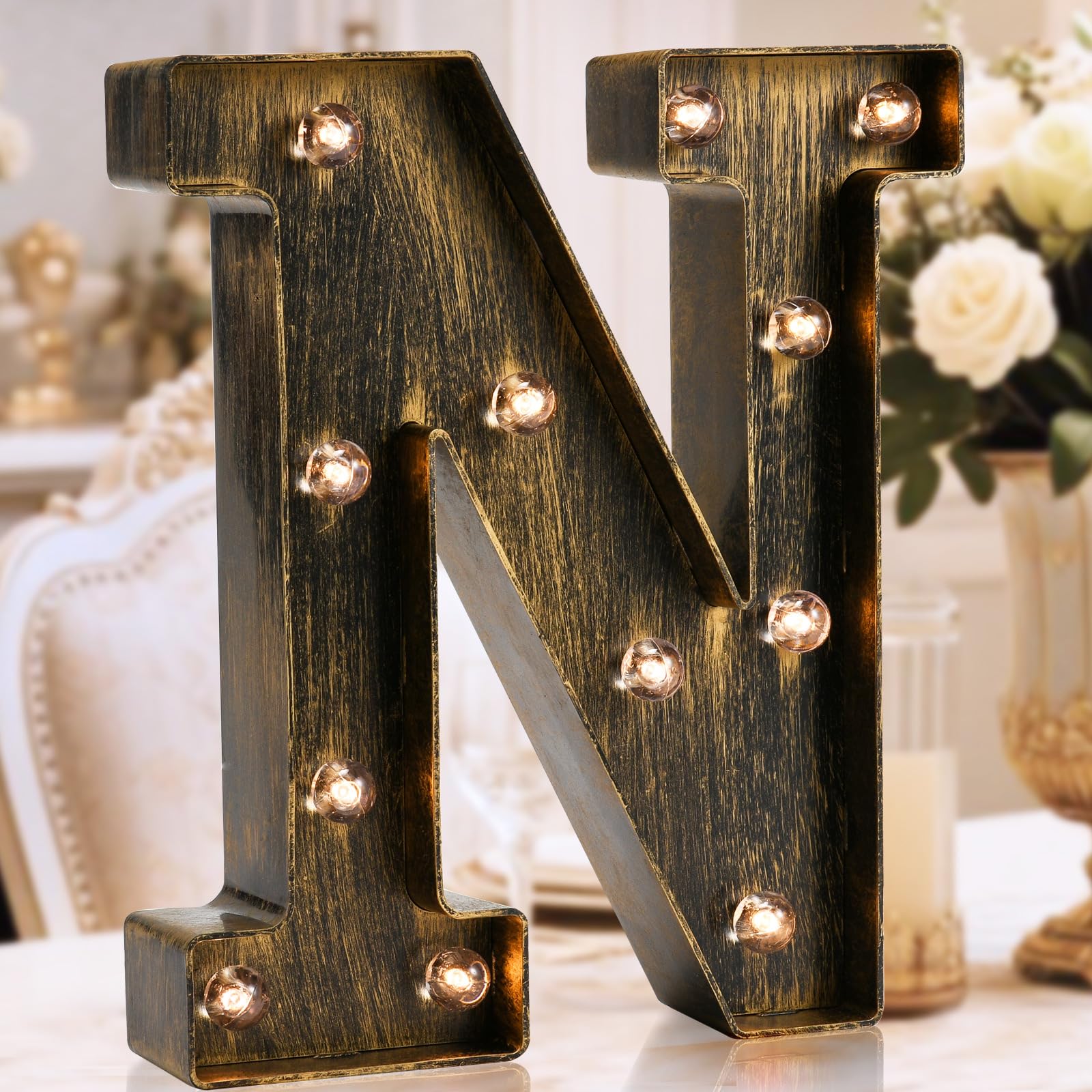 Oycbuzo Golden Black Led Marquee Letter - Industrial, Vintage Style Light Up Alphabet Letter Sign for Cafe Wedding Birthday Party Christmas Lamp Home Bar Initials Decor - N