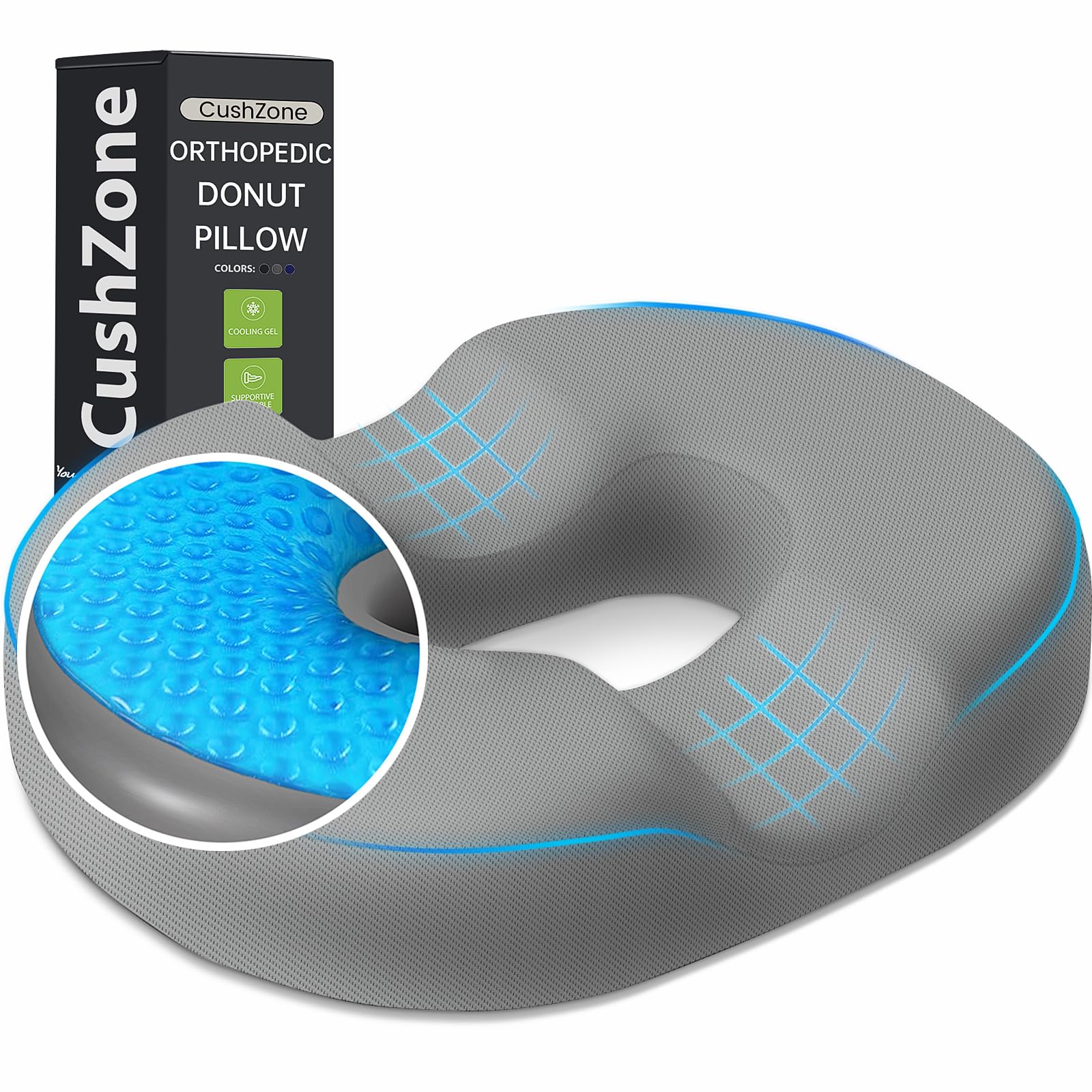 Donut Pillow Seat Cushion - Memory Foam Cooling Gel Lifting Cushion for Office & Home Chair, Car Seat, Wheelchair, Hemorrhoids Pillow, Sciatica & Tailbone Pain Relief Chair Cushion, (Light Grey) Image
