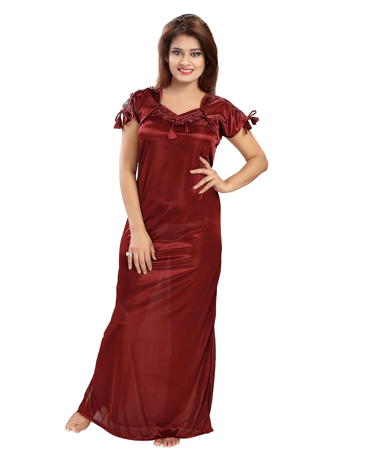 shopping station women's satin nighty (free size_maroon)