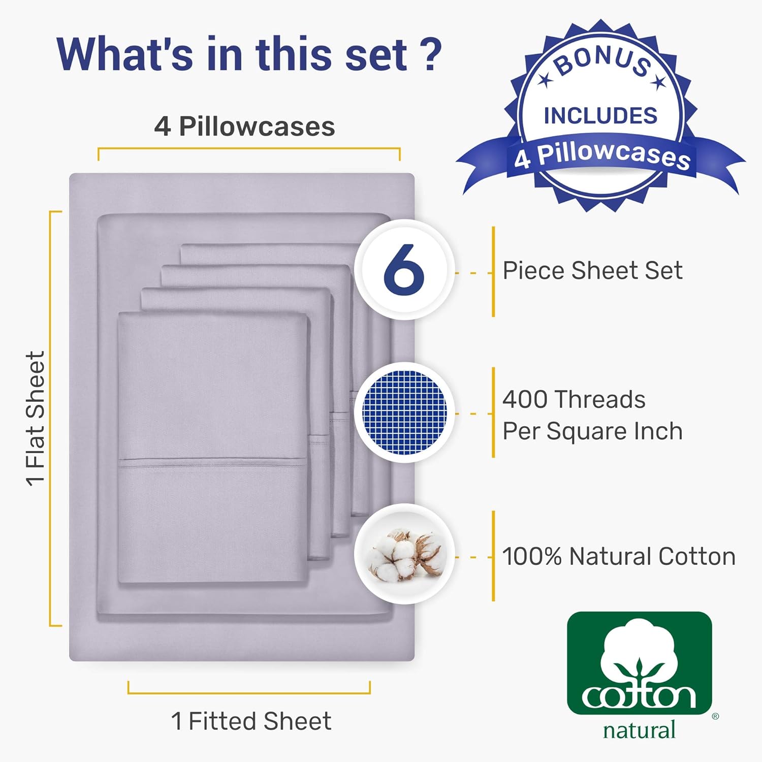 Lavender Queen Sateen Bed Sheets - 100% Pure Cotton 400 Thread Count, Solid Color 6 Piece Soft Sheet Set, Comfortable Wrinkle Resistant Bedding, Deep Pocket Fits Mattress 16 Inches: Home & Kitchen