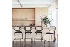 LUE BONA Indoor/Outdoor Faux Leather Bar Stools Set of 4,Rattan and Wood Backrest with Metal Legs，Modern Upholstered Round seat Chair Counter Height Barstools for Bistro Home Office Restaurants,24",Black