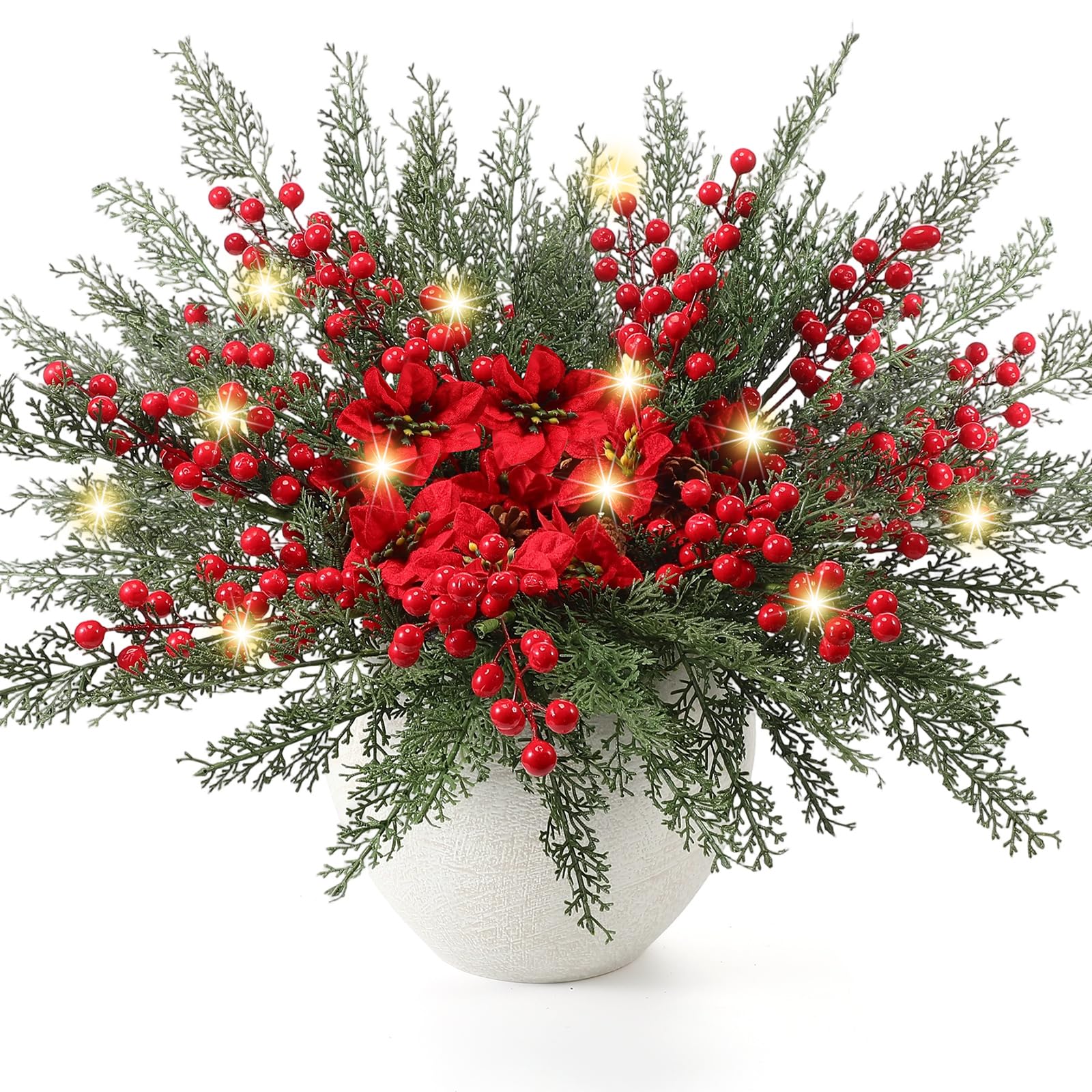 Photo 1 of *MINOR DAMAGE - USED*
Suncalla 12 Pack Lighted Artificial Christmas Pick Pine Branches with Red Berry Stems 17 Inch Real Touch Faux Norfolk Cedar Branch with Flower for Vase Garland Xmas Home Decoration Craft (Cedar Pine)