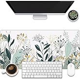 KOAIWPAE Desk Mat, Green Gold Plant Leaves Desk Pad, Wildflowers Large Gaming Mouse Pad for Desk, 31.5"x15.7" Extended Big Computer Keyboard Mouse Pad with Non-Slip Base and Stitched Edge
