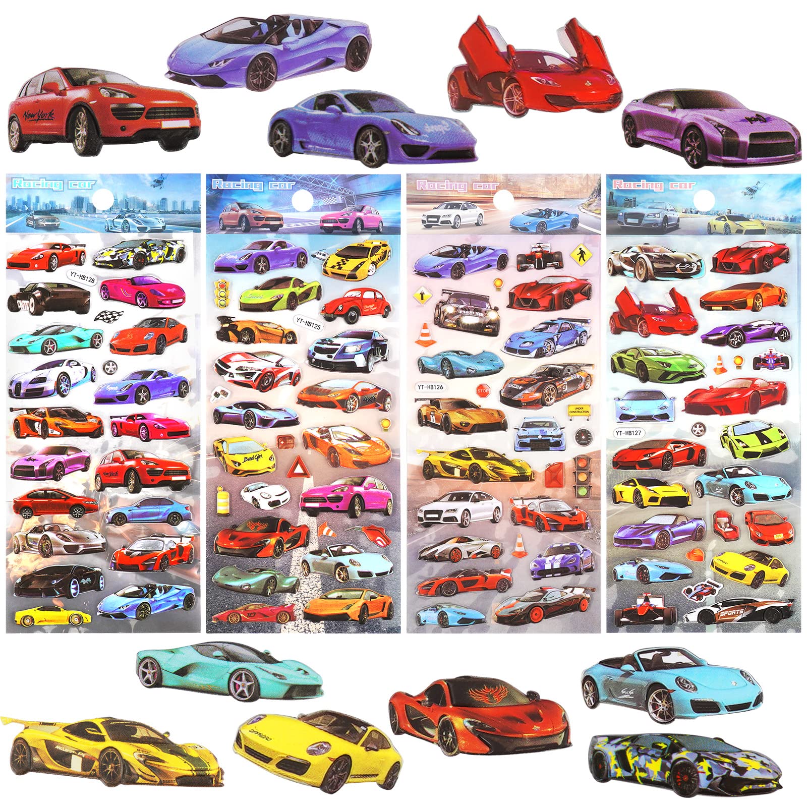 Race Car Stickers for Kids Boys 3D Puffy Racecar Stickers for Toddlers, Puffer Bubble Racing Sticker, Reusable Cool Puff Sports Car Sticker, Party Favors 4 Sheet.