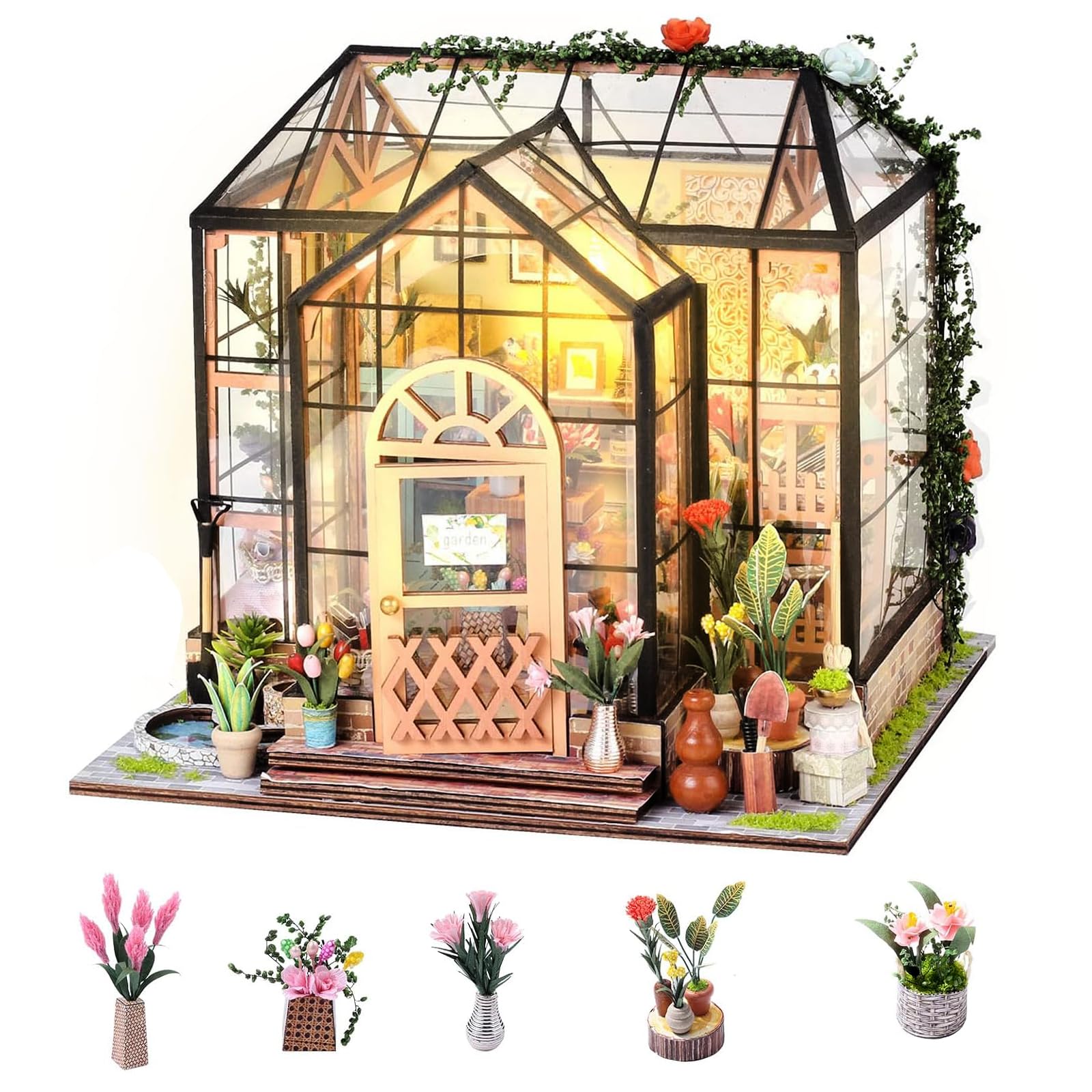 M MUNCASO DIY Miniature Dollhouse Kit, Mini House Making Kit with Furniture and LED light, 1:24 Scale Craft Kit, Jenny Flower House Handmade Wooden Greenhouse Kits Toy for Family and Friends