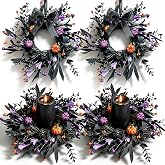 4 Pcs Halloween Mini Candle Ring Wreaths for Cabinets Small Pillar Candle Holder Wreath with Black Leaves Purple Flowers Orange Purple Berries Mini Pumpkins Glitter Artificial Spooky Gothic Wreaths