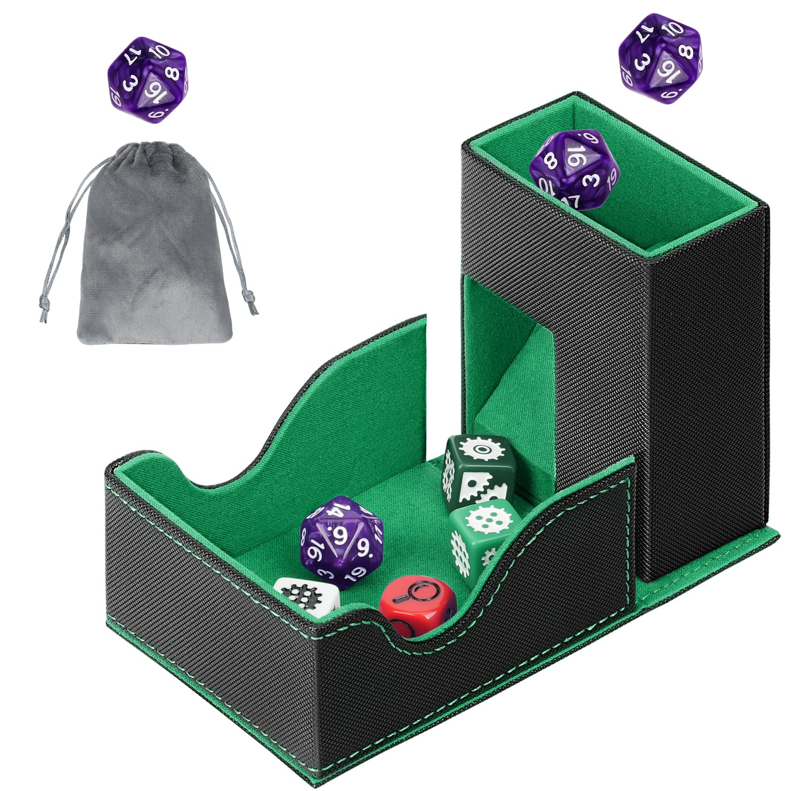 Jaffzora 3-in-1 Foldable Dice Tower & Magnetic Dice Storage Box, Premium Leather Dice Organiser with U-Shape Groove for D&D, MTG, RPG & Tabletop Games, Black & Green