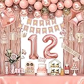 12th Birthday Decorations for Girls, Happy 12 Birthday Decorations for Her, Rose Gold Birthday Party Supplies with Banner, Number Balloons, Fringe Curtains, Hanging Swirls, Foil Balloons