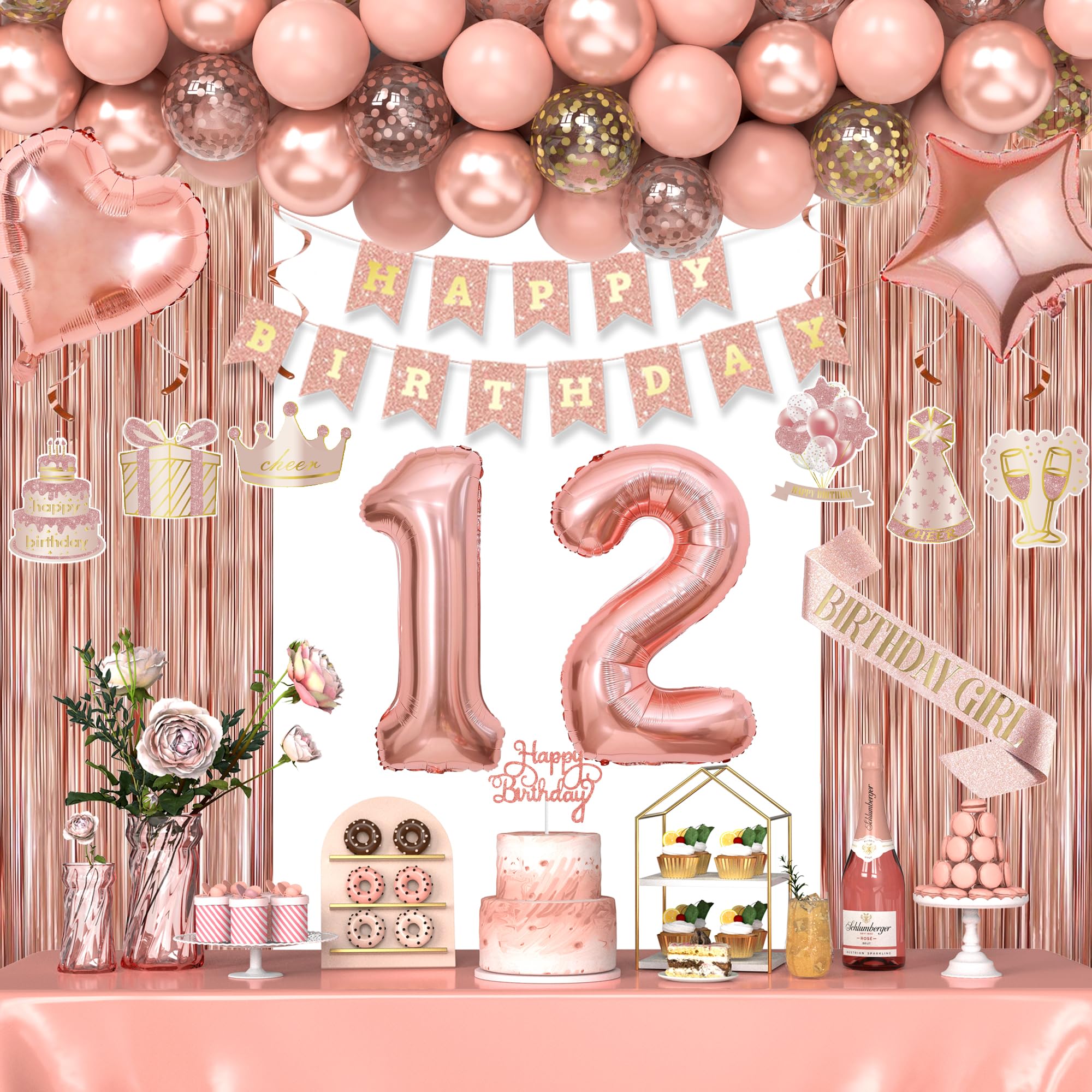 Photo 1 of 12th Birthday Decorations for Girls, Happy 12 Birthday Decorations for Her, Rose Gold Birthday Party Supplies with Banner, Number Balloons, Fringe Curtains, Hanging Swirls, Foil Balloons