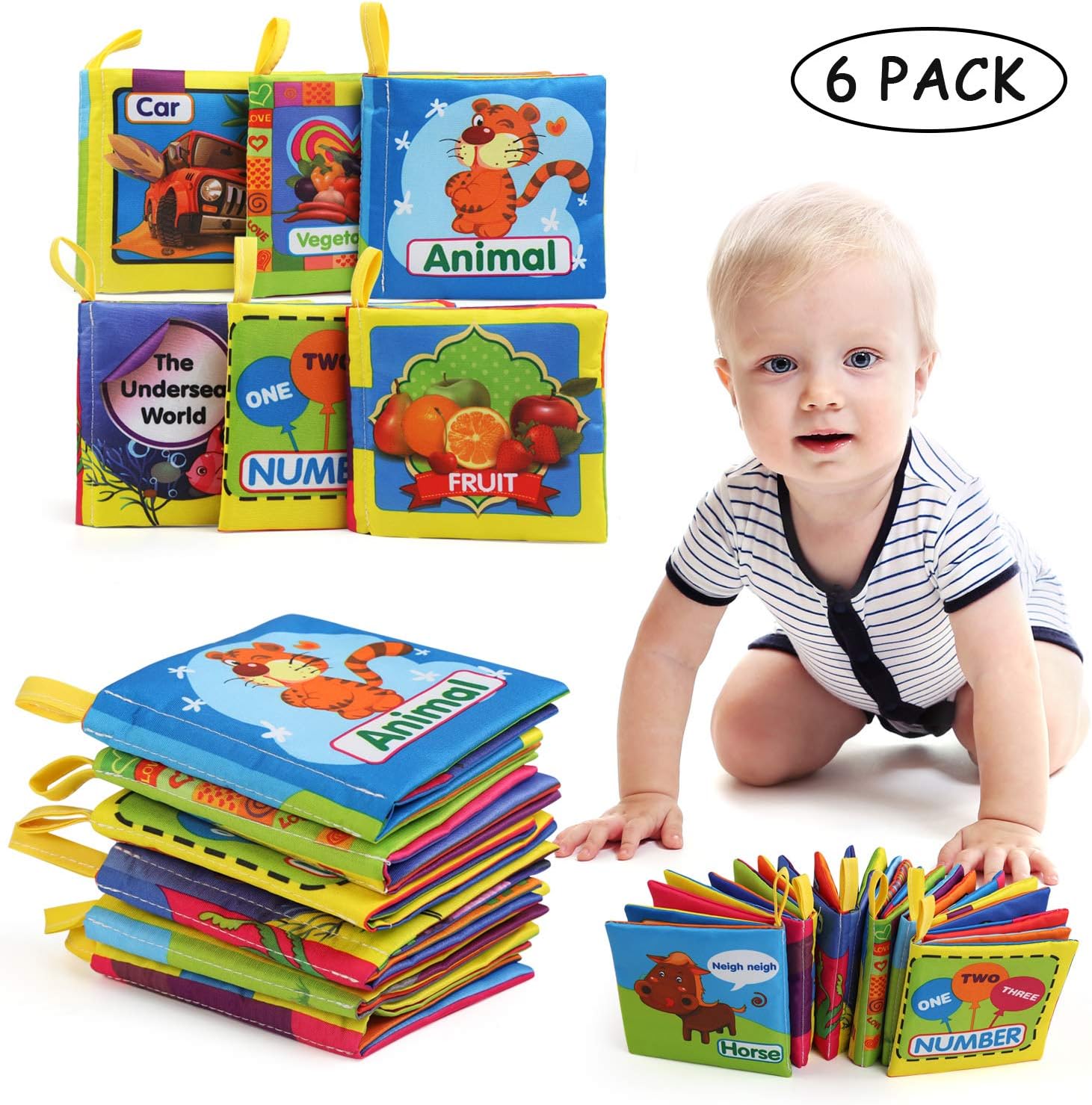 LEADSTAR Baby Cloth Books, Baby Toys Quiet Books Bath Book Cloth Soft Books Safe Nontoxic Biteable Padded Sound Toy for Early Education Learning Intelligence Development for Baby Toddlers, 6 Pack