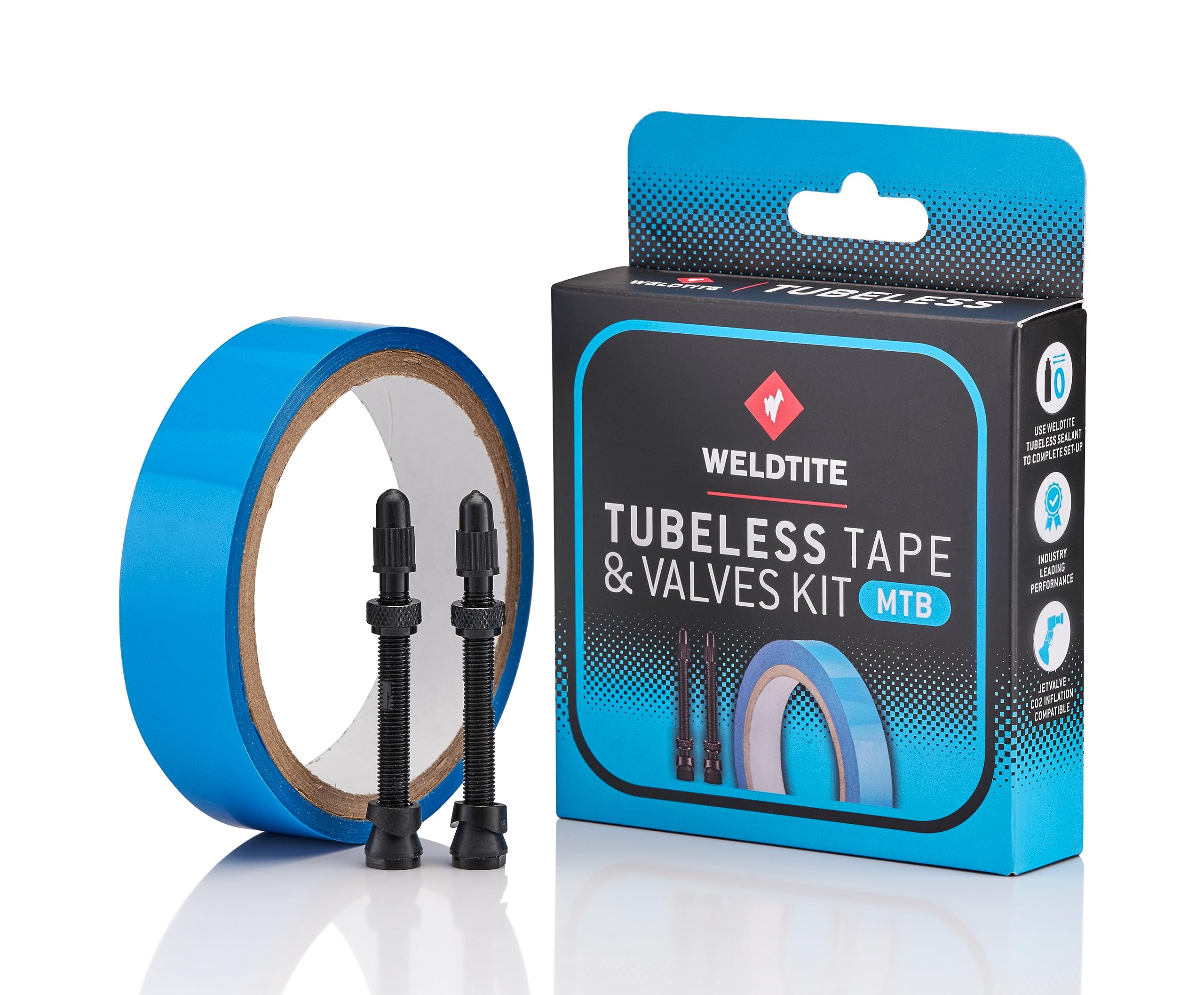WELDTITE Tubeless Conversion Kit (MTB) for Bikes - Includes 2 x 55 mm Presta Valves & 24 mm x 10 Meter Tape