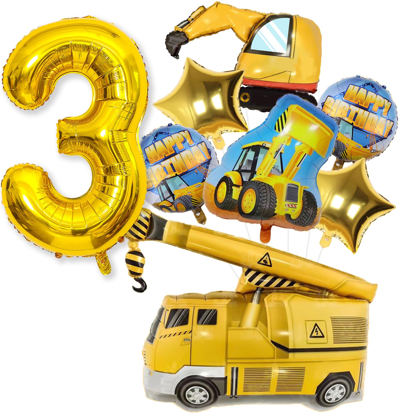 Teslite Construction Party Supplies 3rd Birthday, Construction Balloons with Gold Number 3 Balloons, Digger Balloons Happy Birthday Truck Mylar Foil Balloons Set for 3 Year Old Birthday Party Decor