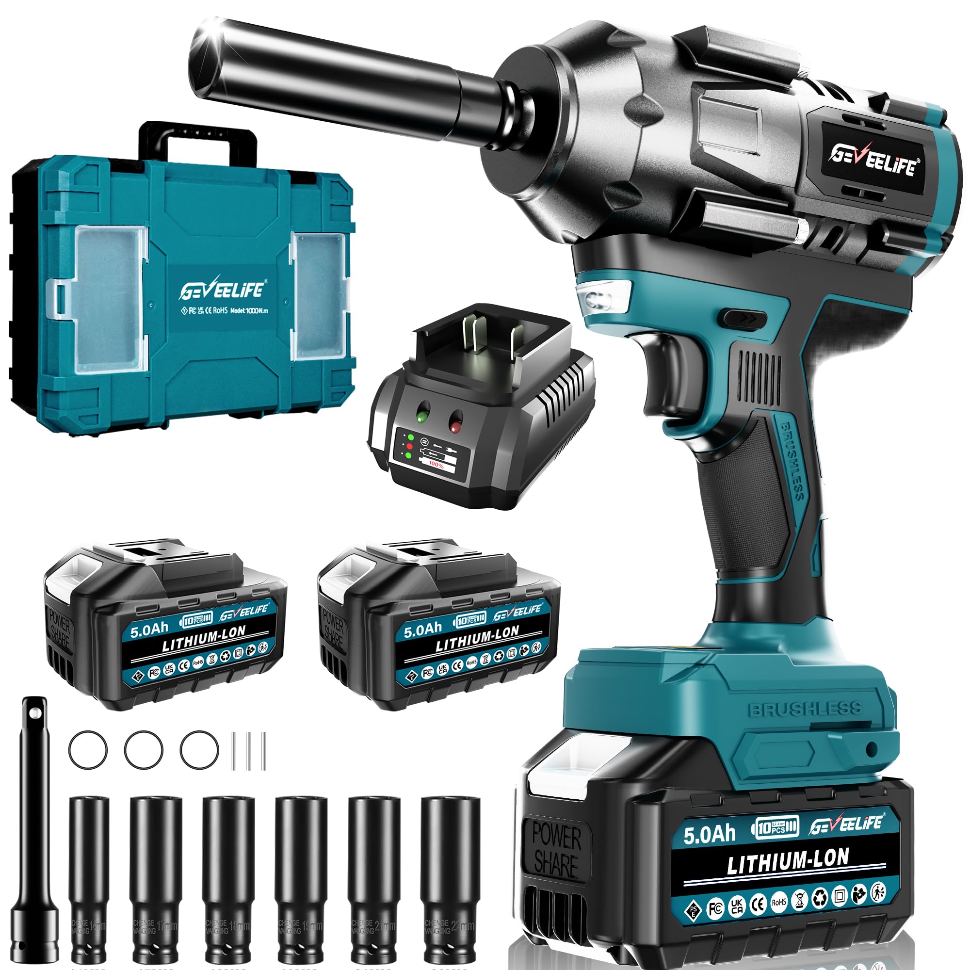 Cordless Impact Wrench 1/2" 1000Nm (738ft-lbs) Brushless – 2x 4.0Ah Batteries