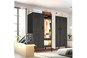 YTLEMON Heavy Duty Clothes Rack with Magnetic Door, Metal Foldable Covered Clothes Rack, Portable Wardrobe Closet System for Hanging Clothes, Rolling Garment Racks (Agarwood Doors, 66in)