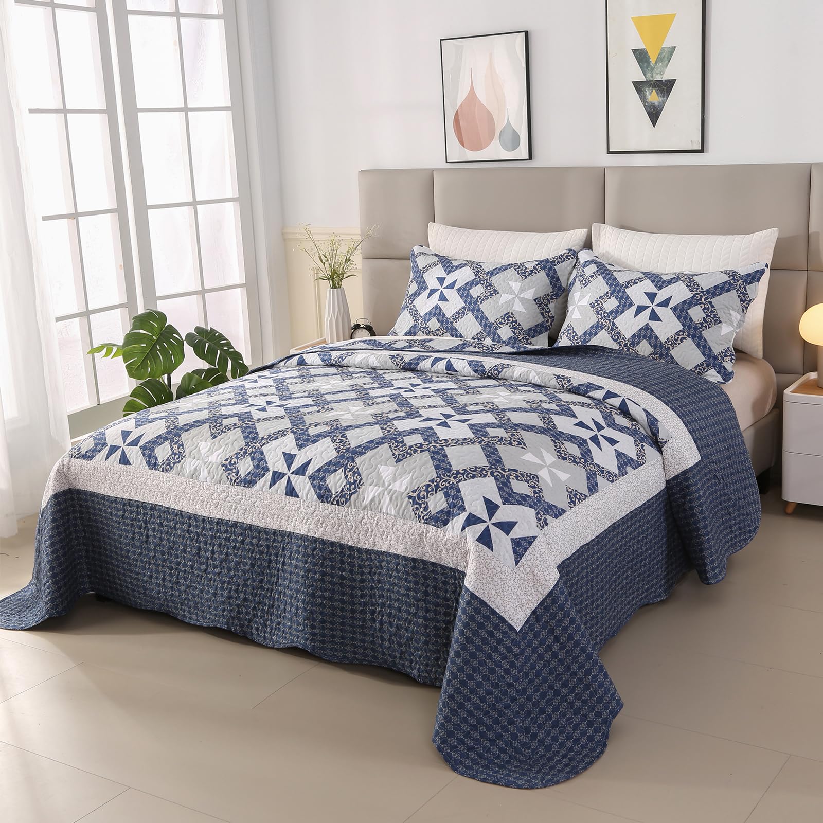 Qucover Country Style Super King Bedspread 250x270 cm, Soft & Comfortable Polycotton Quilted Bedspreads Super King Size With Printed Windmill Pattern, 3 Pieces Quilted Bed Spreads with 2 Pillow Shams