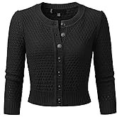JSCEND Women's 3/4 Sleeve Crew Neck Button Down Cotton Knit Cropped Cardigan Sweater (S-3XL)