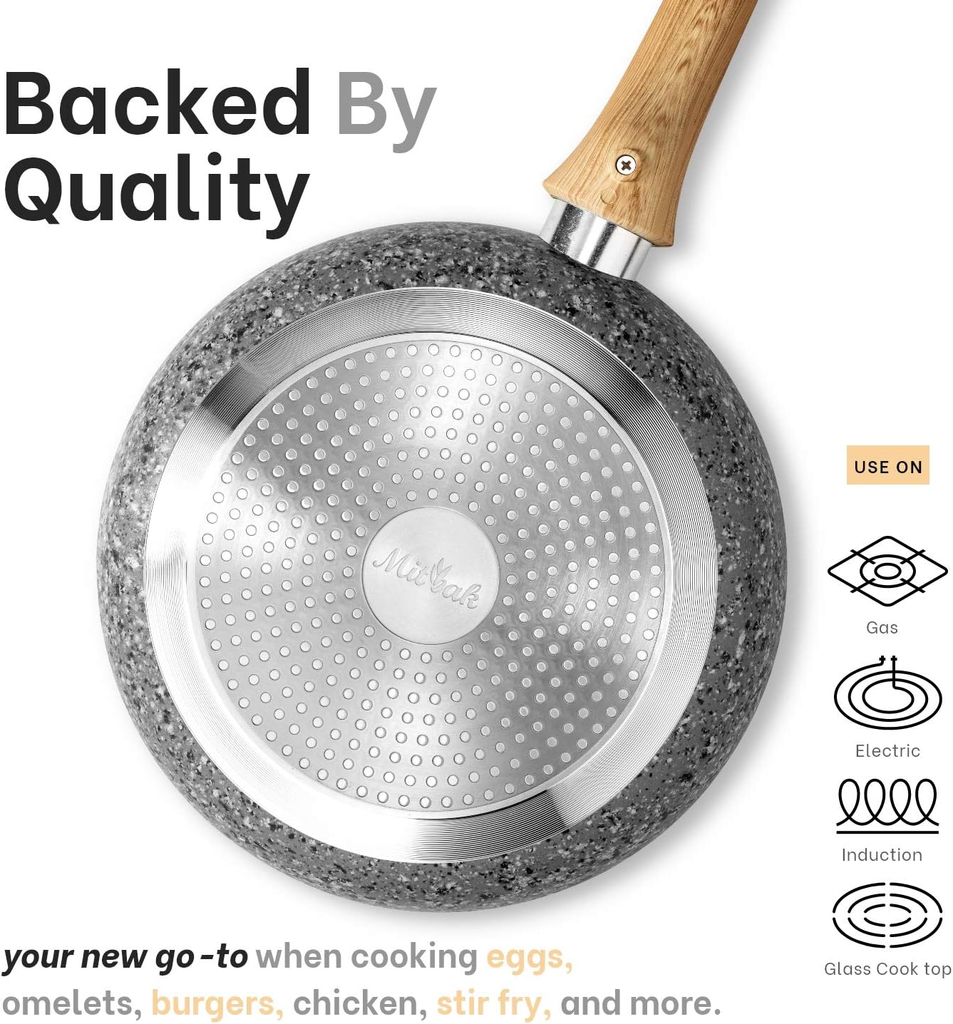 Mitbak 12-Inch Non-Stick Frying Pan with Lid | Granite Coating Nonstick Skillet with REMOVABLE Heat-Resistant Wooden Handle | Premium Cooking & Kitchen Utensil | Induction Compatible: Kitchen & Dining