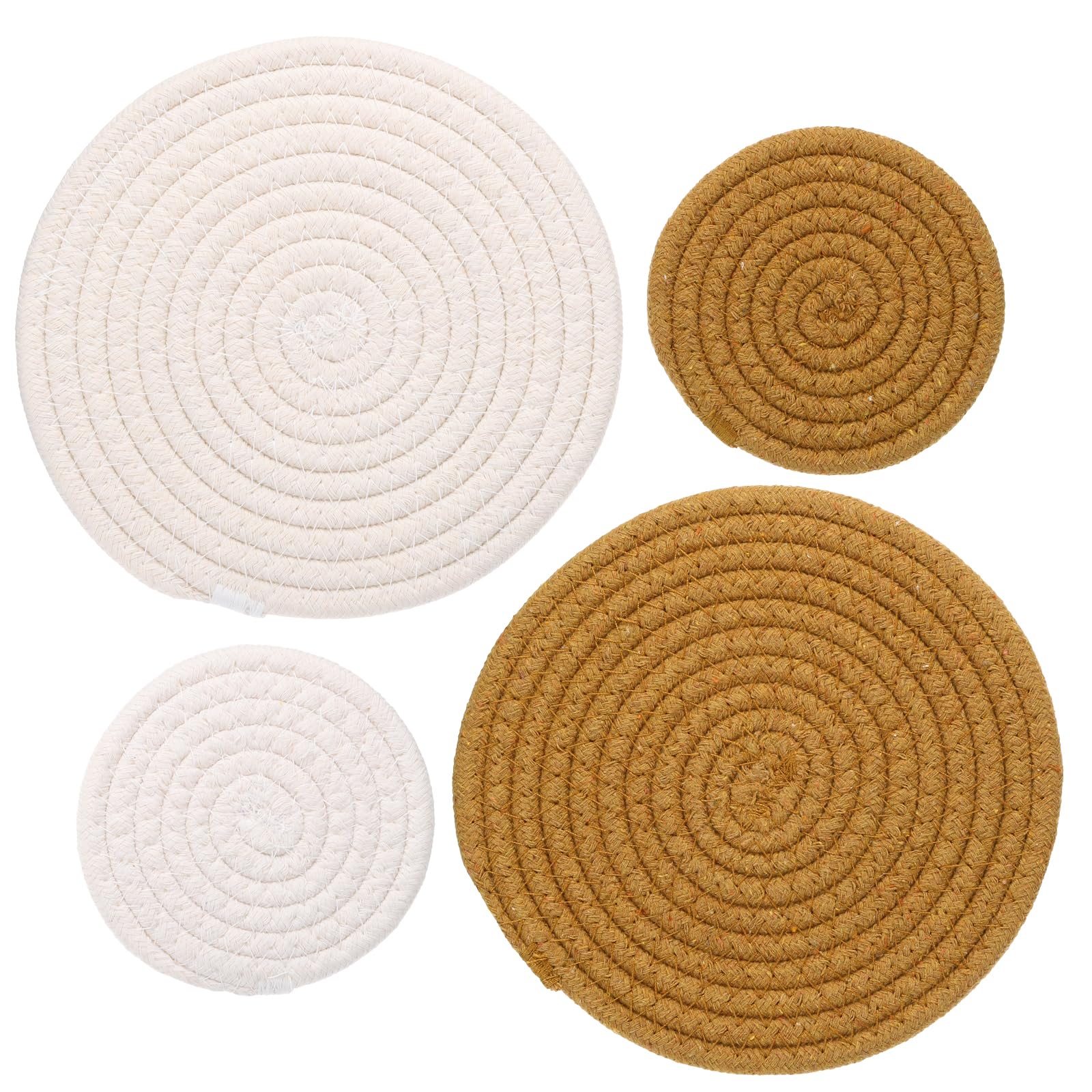 PATIKIL Plant Coasters 4 Inch 7 Inch, 4 Pcs Woven Plant Mat Round Pads Set for House Indoor Outdoor Gardening Pot Kitchen Table, White & Caramel Colour