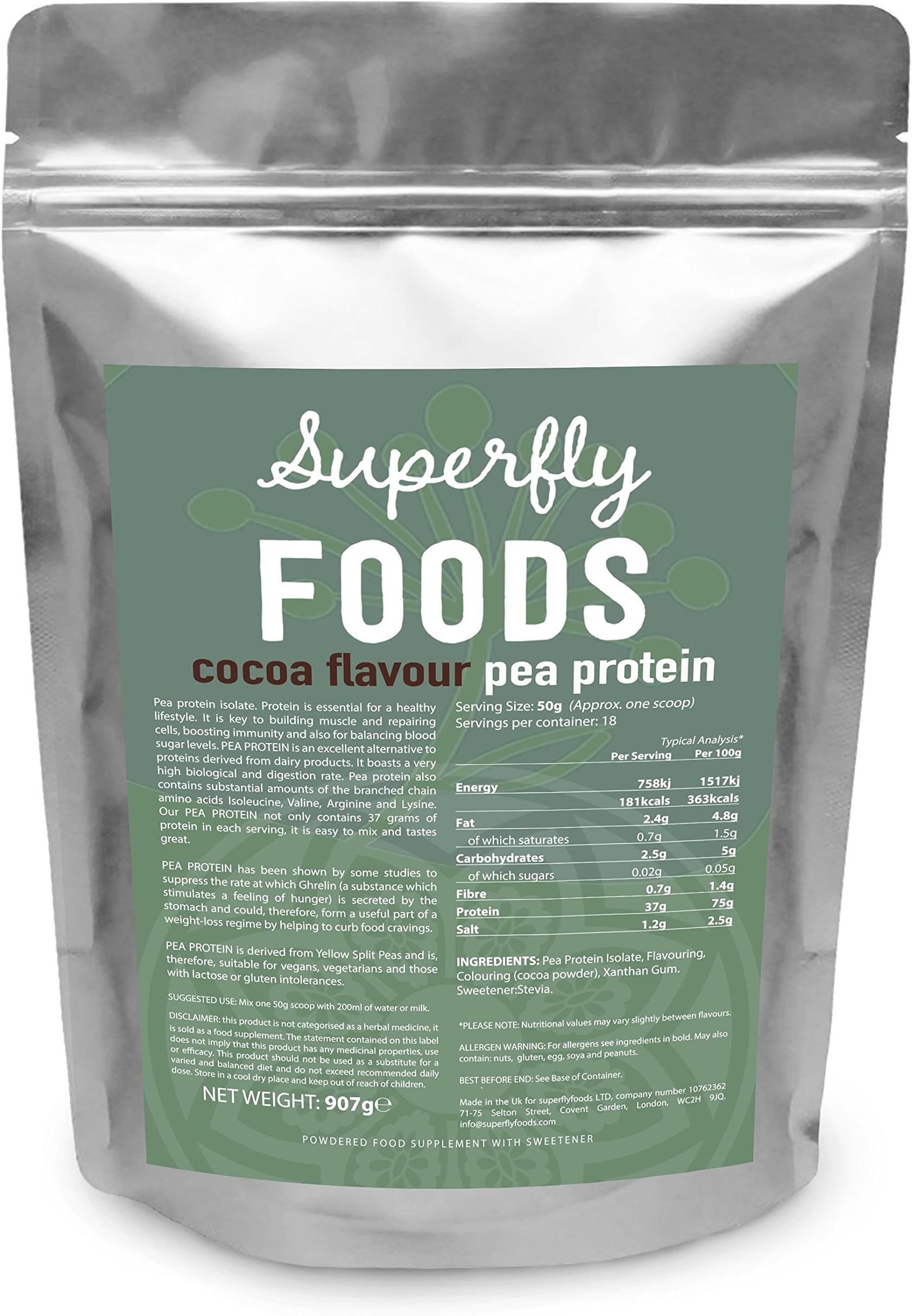 Cocoa Chocolate Flavour Pea Protein Powder. Vegan and Dairy free.