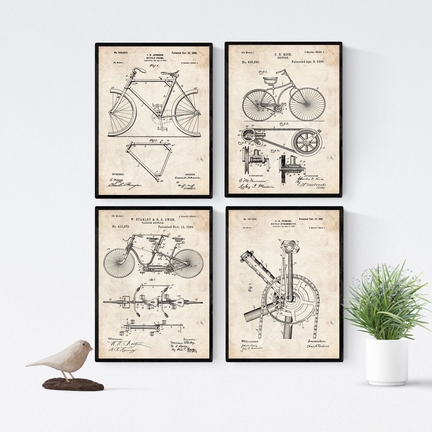 BLACK - Pack of 4 sheets with Patent BICYCLES 2. Set posters with inventions and old patents. Choose the color you like. Printed on 250 grams — image 1