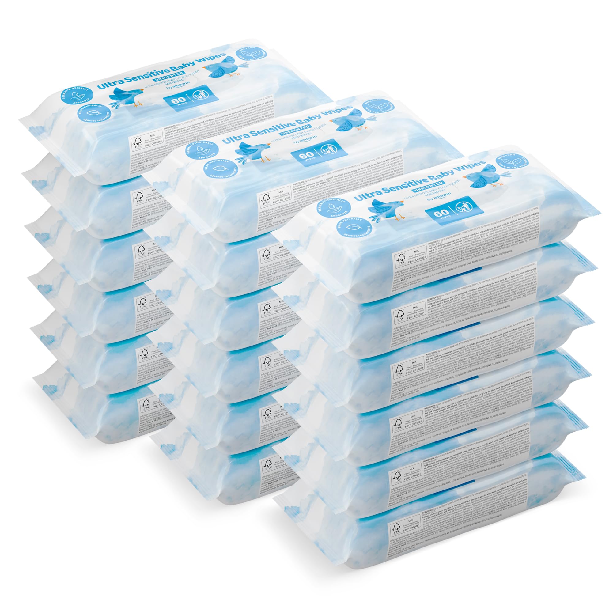 by Amazon Ultra Sensitive Baby Wipes, 99% Water, 1080 Wipes, Unscented, 18 Pack of 60
