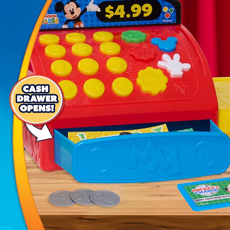 Caixa registadora Disney Jr. Micky Mouse Clubhouse com sons, frases e dinheiro de brinquedo, 10 peças, desenvolve competências básicas de matemática, brinquedo para crianças a partir dos 3 anos, pela Just Play