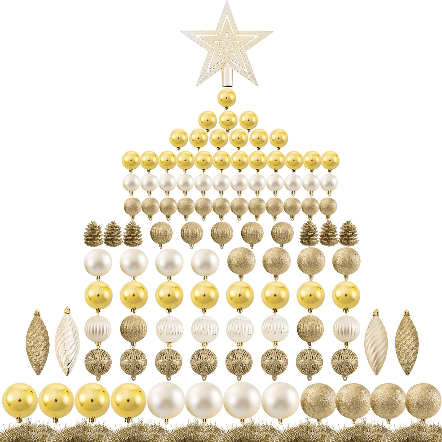 Ogrmar 119ct Christmas Tree Ball Ornaments Set Assorted Shapes and Sizes Shatterproof Hanging Decoration with Hand-held Gift Package for Christmas Tree Holiday Wedding Party (Golden)