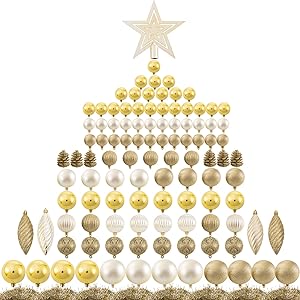 Ogrmar 119ct Christmas Tree Ball Ornaments Set Assorted Shapes and Sizes Shatterproof Hanging Decoration with Hand-held Gift Package for Christmas Tree Holiday Wedding Party (Golden)