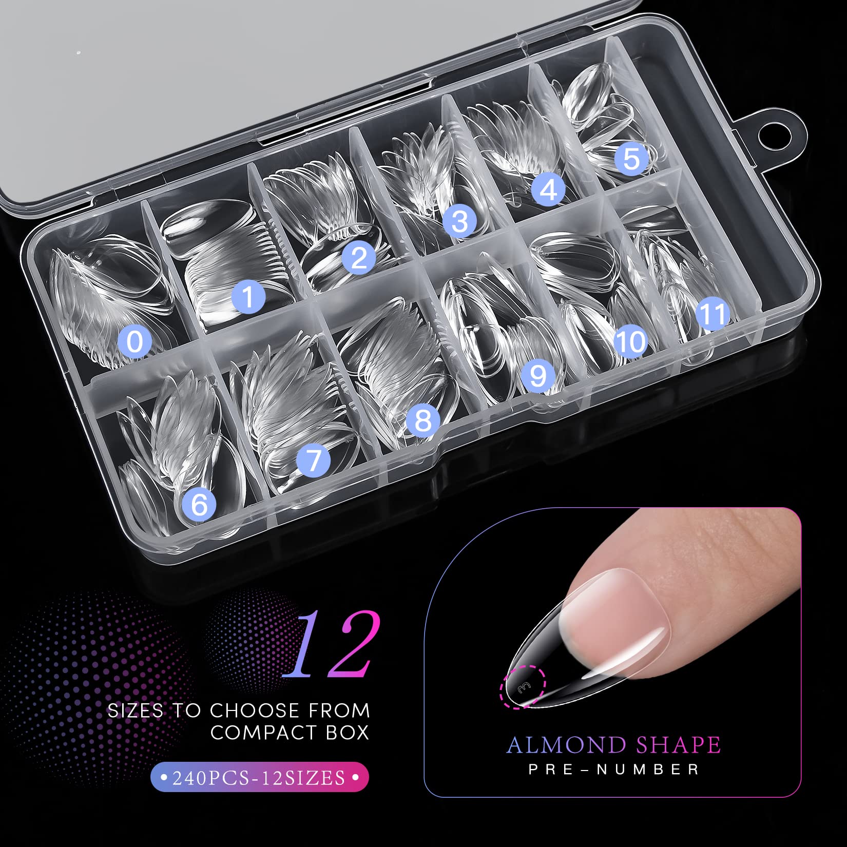 krofaue Short Almond Nails - 240Pcs Almond Clear Nail Tips 12 Sizes Almond Nail Tips, Artificial Acrylic False Nails, Full Cover Press on Nails Almond for Home DIY & Nail Tips Art - Image 6