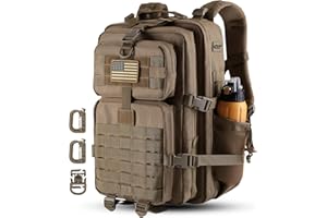 Hannibal Tactical 45L MOLLE Assault Backpack, Tactical Backpack Military Army Camping Rucksack with Bottle Holder, 3-Day Pack Trip w/USA Flag Patch, D-Rings, Khaki
