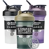 BlenderBottle Classic V2 Shaker Bottle Perfect for Protein Shakes and Pre Workout, 20-Ounce (3 Pack), Black, Tan/Blue, Purple