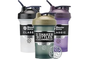 BlenderBottle Classic V2 Shaker Bottle Perfect for Protein Shakes and Pre Workout, 20-Ounce (3 Pack), Black, Tan/Blue, Purple