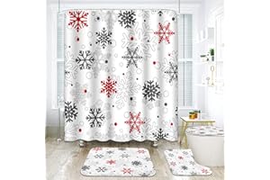 ArtSocket 4 Pcs Shower Curtain Set Christmas Big Small Snowflakes Red with Non-Slip Rugs Toilet Lid Cover and Bath Mat Bathroom Decor Set 72" x 72"