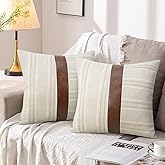 JASEN Throw Pillow Covers 18x18, Set of 2 Faux Leather and Linen Modern Farmhouse Pillow Covers, Decorative Pillow Case for Sofa Couch Chair Bedroom White