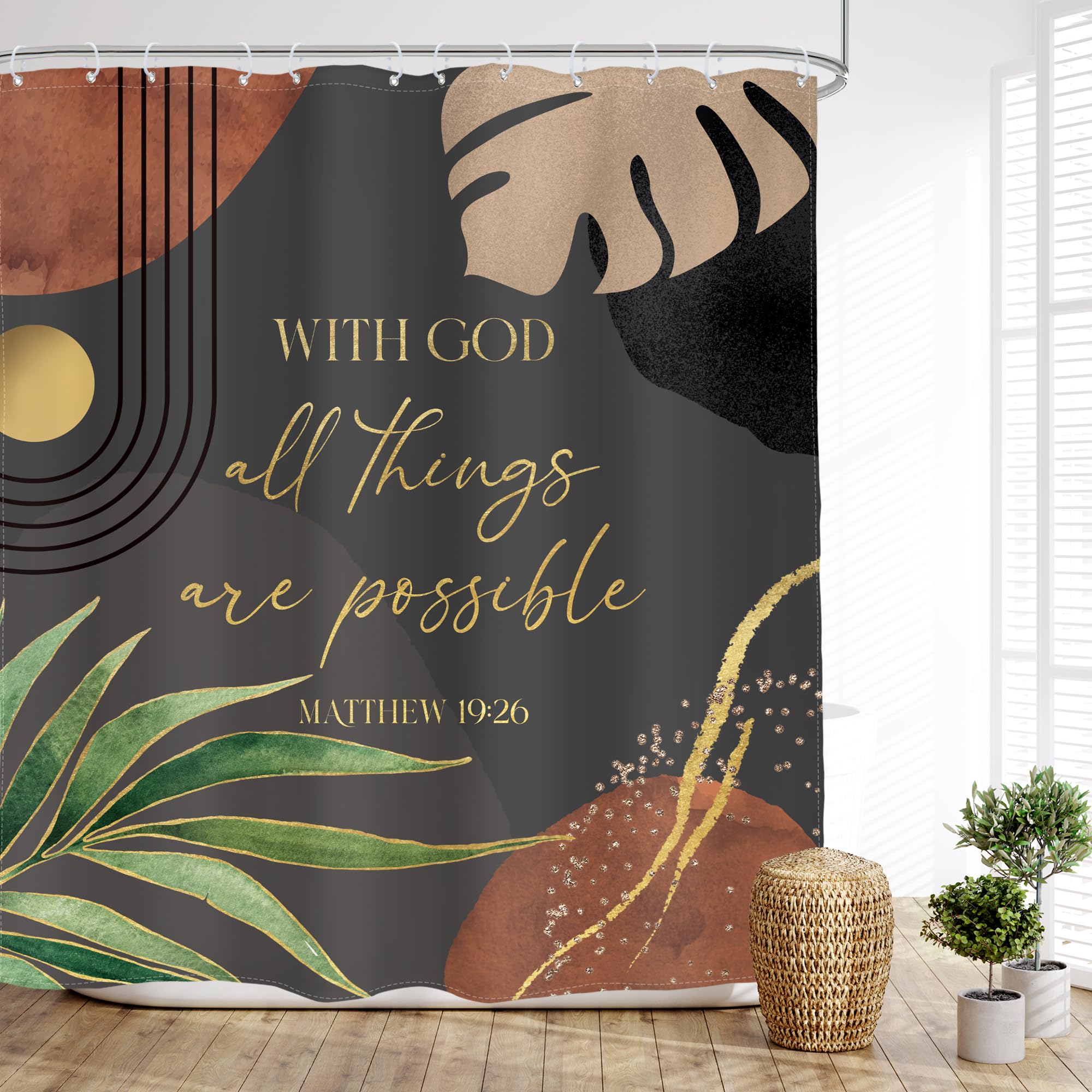 Glawry Dark Green Boho Bible Verse Shower Curtain Christian Inspirational Scriptures Quotes Abstract Tropical Palm Bathroom Mid Century 72Wx72L Inches Bath Accessories Home Decor Fabric 12 Pack Hooks