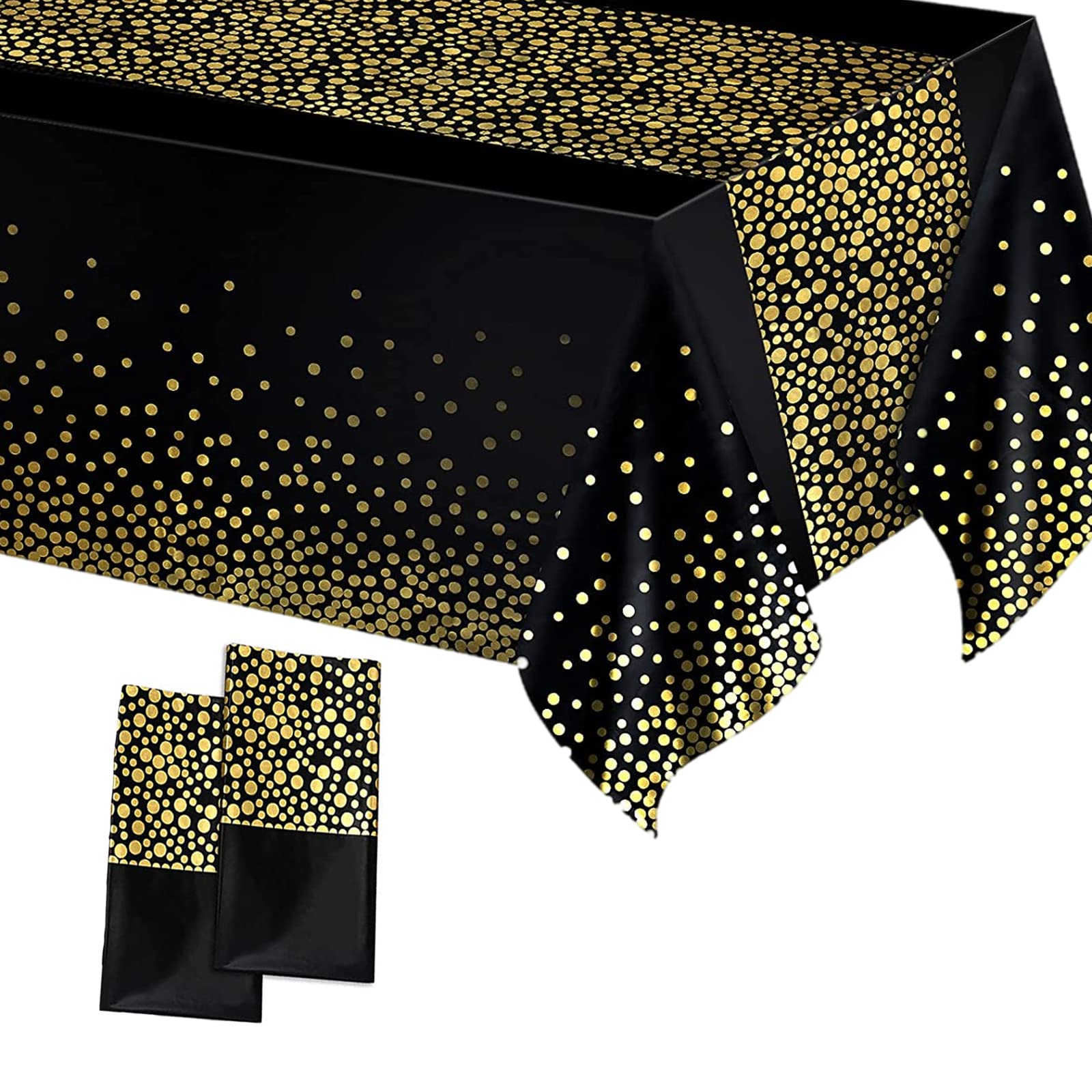 2Pcs 137*274cm Black and Gold Dot Disposable Halloween TableCloth Party,Confetti Rectangular Tablecover Plastic Tablecloths Black for Picnic,Halloween,Wedding,Christmas,Birthday Parties Decorations