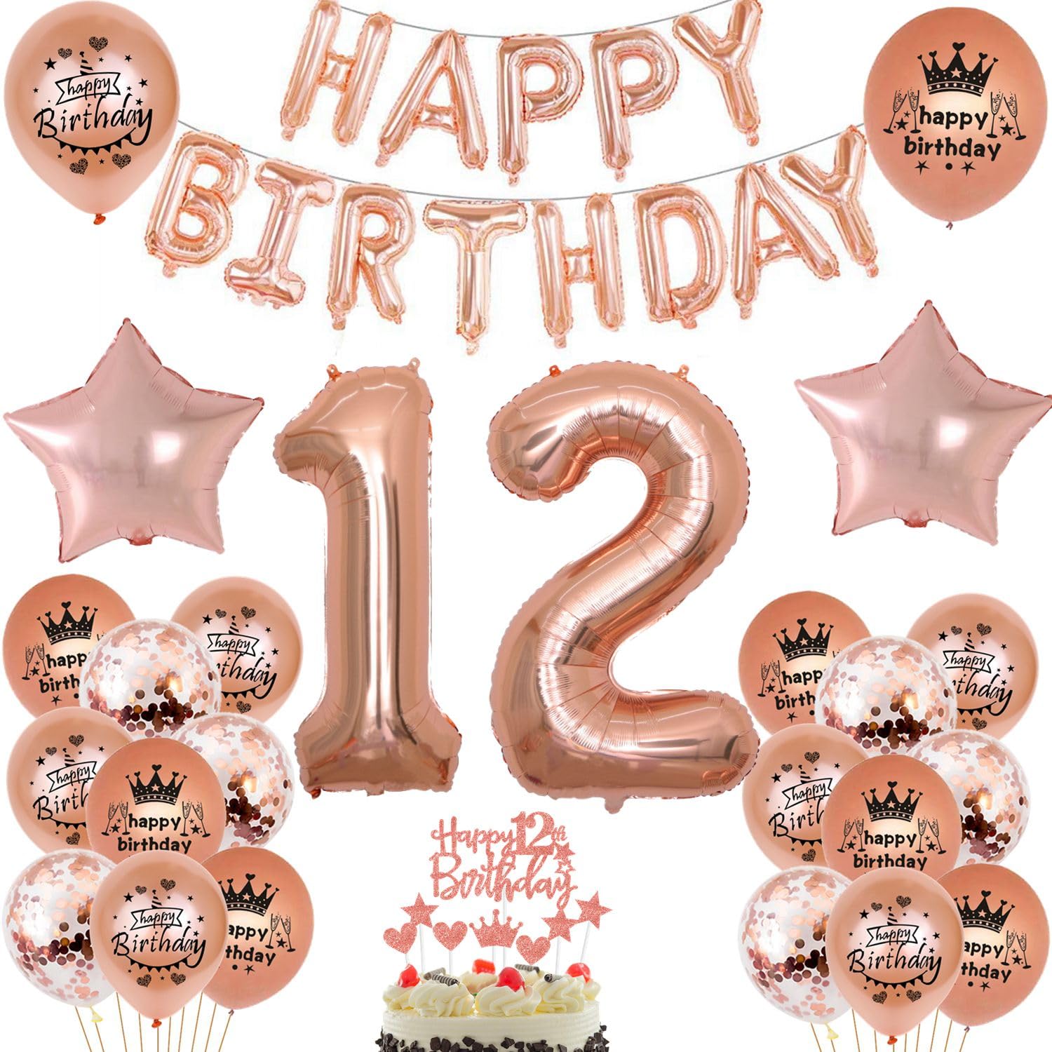 Balloon 12th Birthday Girl Rose Gold Decoration Foil Balloon 12 Years Birthday Decoration Girl Rose Gold Set Happy Birthday 12th Birthday Decoration Girl Balloon 12 Years Birthday Decoration Set (12)