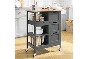 YITAHOME Small Solid Wood Top Kitchen Island Cart on Wheels with Storage, Rolling Portable Dining Room Serving Utility Carts Mobile Movable with 3 Drawers Cabinet, Oak & Gray