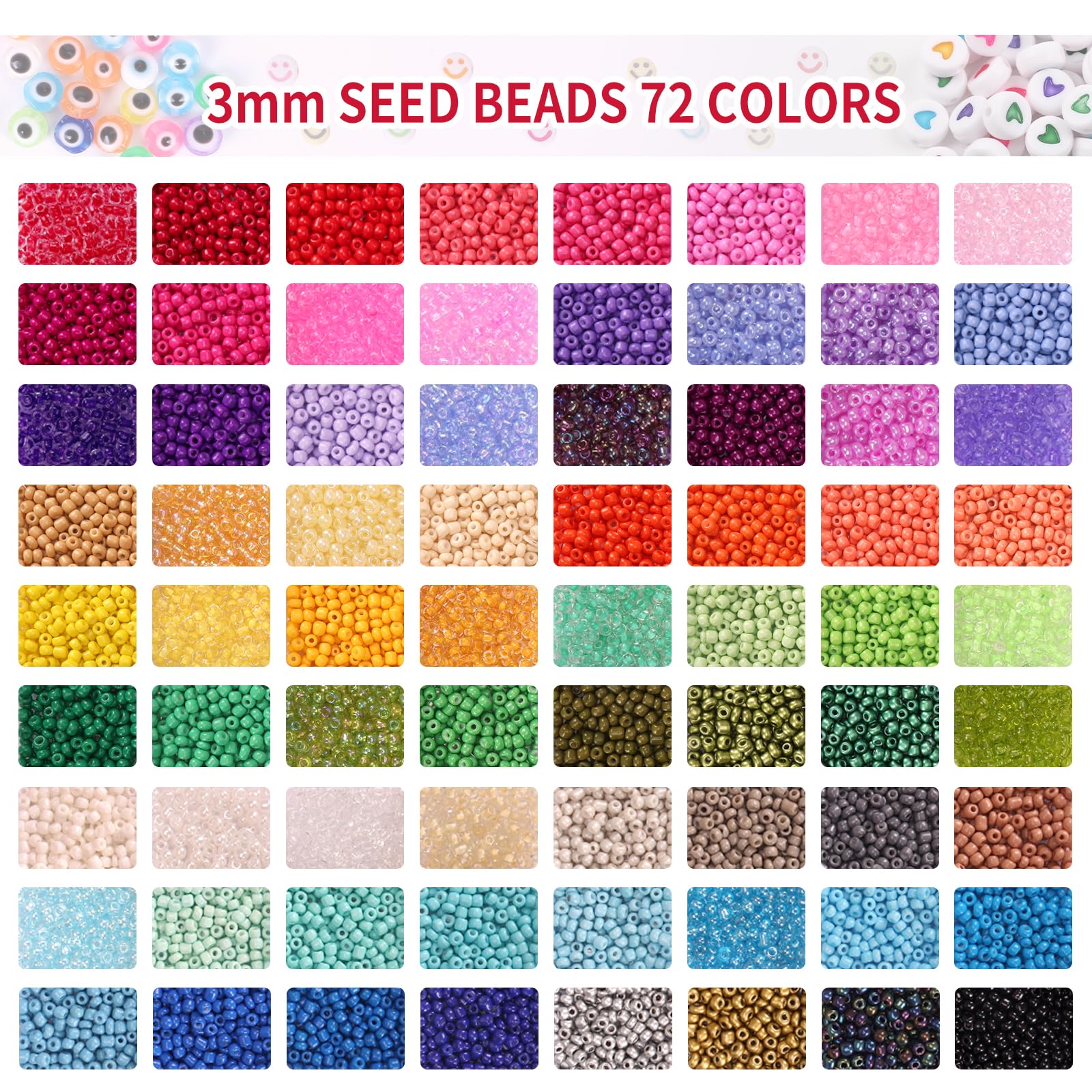 QUEFE 14400pcs 72 Colors 3mm Glass Seed Beads for Bracelet Making Kit, Waist Beads Kit Small Beads for Jewelry Making with Letter Beads for Crafts Gifts