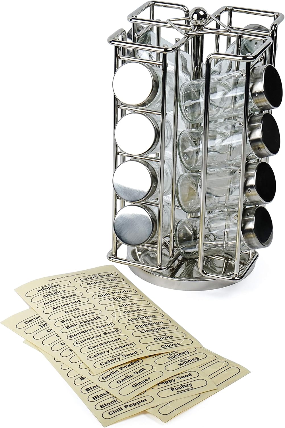 RSVP International Revolving Chrome Rack Set, Includes 16 Spice Jars | 9