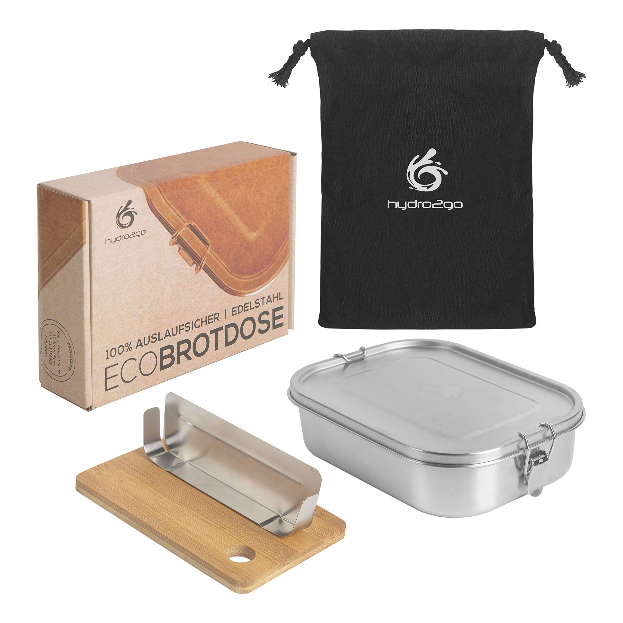 hydro2go leak-proof stainless steel lunch box set – BPA-free, plastic-free, with divider, chopping board, and natural cotton bag – for kids & adults (1400 ml)