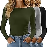 Huukeay 3 Pack Women's Long Sleeve Tops Lettuce Trim Boat Neck Shirts Slim Fit Casual Basic Fitted Tees