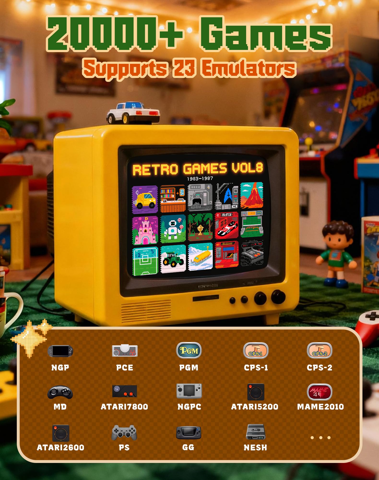 Huqjot 2025 Upgraded Retro Gaming Console Stick Pro, Video Games Console with 4K HDMI, Built-in 23 Classic Game Emulators, 20000+ Games - Video Game with Upgrade Dual 2.4G Wireless Controllers (64G)