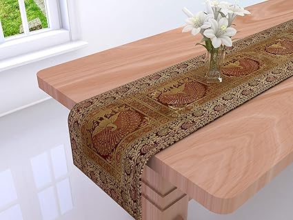 DARJII Silk Brocade Beautiful Peacock Decorative Table Cover (Brown)