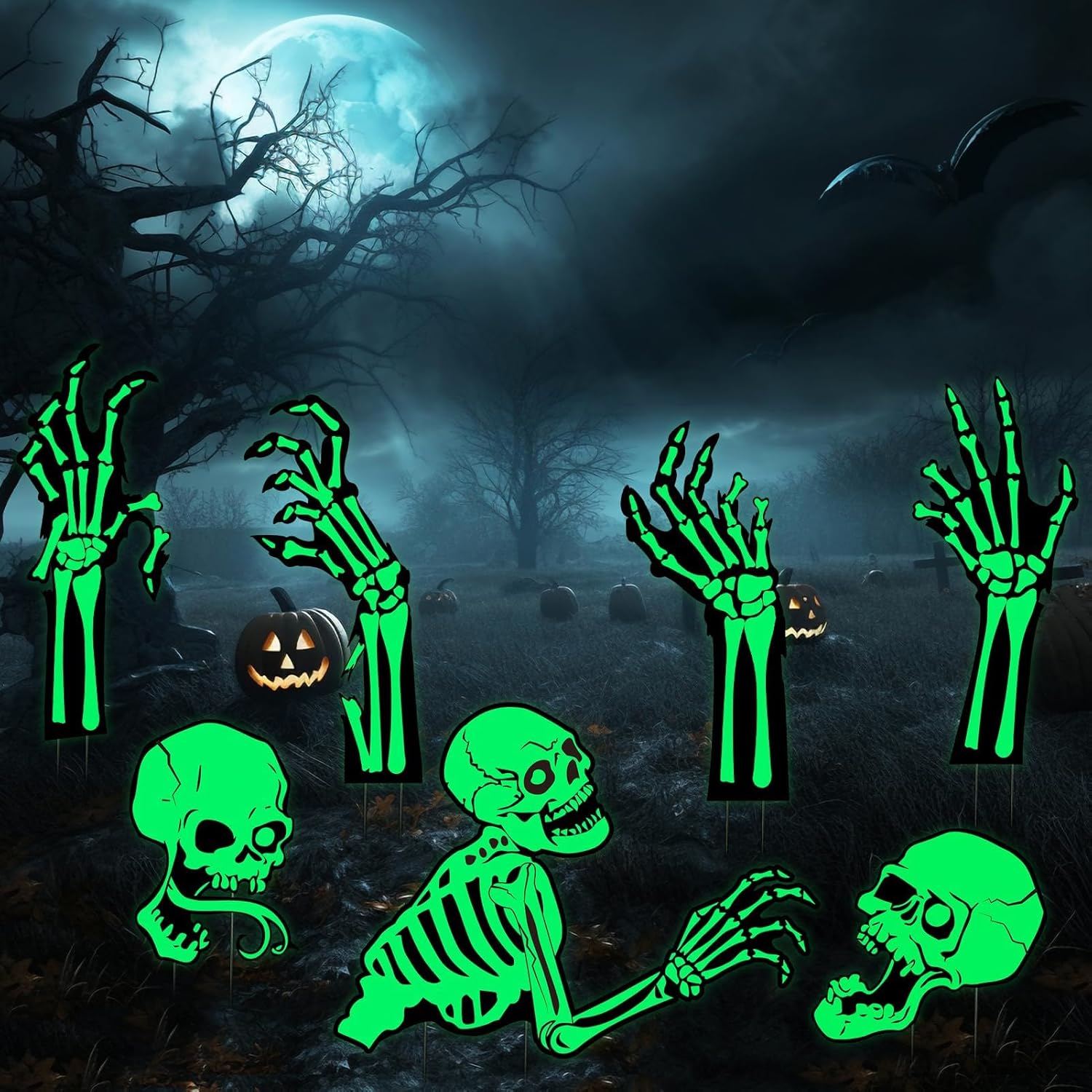Yard Signs - 7 PCS Outdoor Halloween Zombies Graveyard Decorations - Glow in the Dark Zombie Hands Skeleton Halloween Yard Signs with Stakes for Halloween Outdoor Yard Lawn Garden graveyard Decor